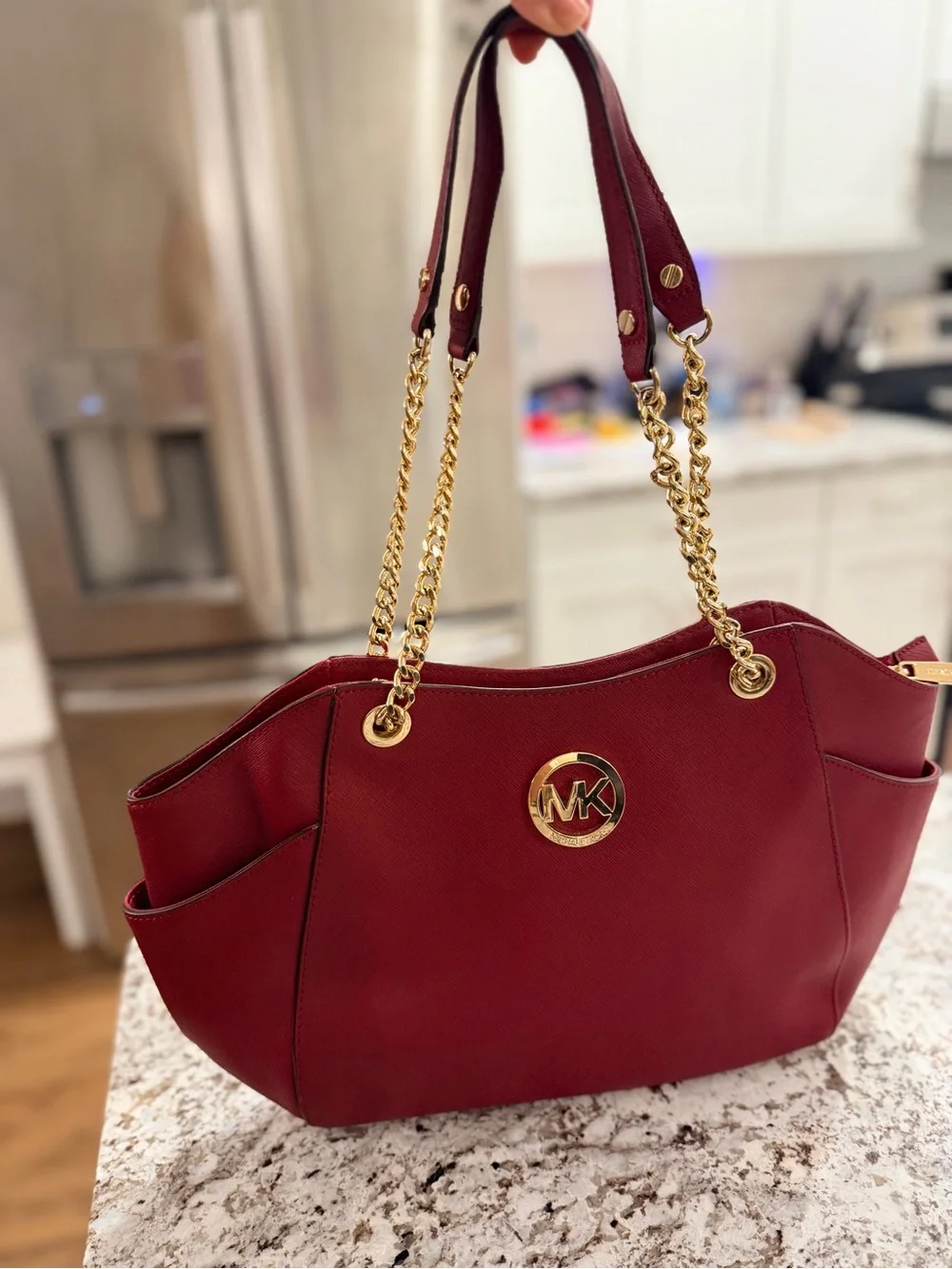 Michael Kors Red Leather Shoulder Bag with Gold Chain Straps